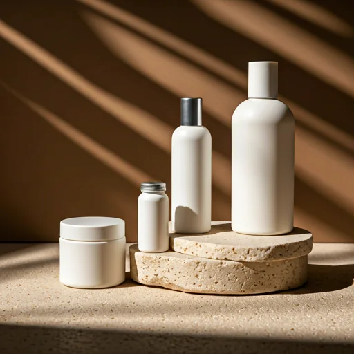 Premium beauty products arranged in a minimalist editorial composition with warm tones.