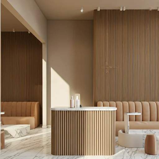 Interior of a premium minimalist salon with marble, warm wood and soft natural light.